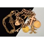 A CHARM BRACELET, designed as a curb link bracelet with spring ring clasp and heart padlock clasp,