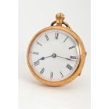 AN EARLY 20TH CENTURY 18CT GOLD OPEN FACED POCKET WATCH, with white face, black Roman numerals,