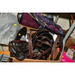 A BOX OF HORSE RIDING EQUIPMENT, to include two Turnout Sheet Highneck, belts/reins, hat, metal