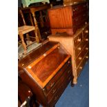 AN EDWARDIAN MAHOGANY AND WALNUT FALL FRONT BUREAU and a mahogany TV stand (2)