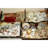 FIVE BOXES CERAMICS, PLATED WARE, BOOKS ETC, to include Royal Doulton 'Minerva' teawares, Royal