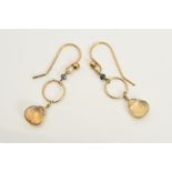 A PAIR OF CITRINE DROP EARRINGS, each designed as a faceted pear shape citrine suspended from a