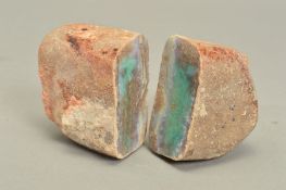 A ROUGH PIECE OF BOULDER OPAL, large stone split in two, showing flashes of greens, blue and red