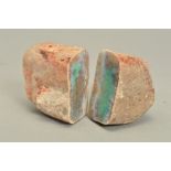 A ROUGH PIECE OF BOULDER OPAL, large stone split in two, showing flashes of greens, blue and red