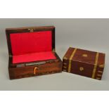 AN EARLY 19TH CENTURY ROSEWOOD AND BRASS INLAID WRITING SLOPE, fitted interior and with secret