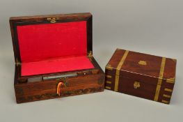 AN EARLY 19TH CENTURY ROSEWOOD AND BRASS INLAID WRITING SLOPE, fitted interior and with secret