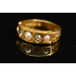 A LATE VICTORIAN 18CT GOLD SPLIT PEARL AND DIAMOND BAND RING, scroll detail sides, estimated old cut