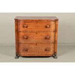 A REGENCY MAHOGANY D FRONTED CHEST OF DRAWERS, the shaped top with ebony stringing, three