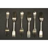 A MATCHED SET OF SIX 19TH CENTURY FIDDLE PATTERN DESSERT FORKS WITH IDENTICAL CRESTS OF A GOAT,