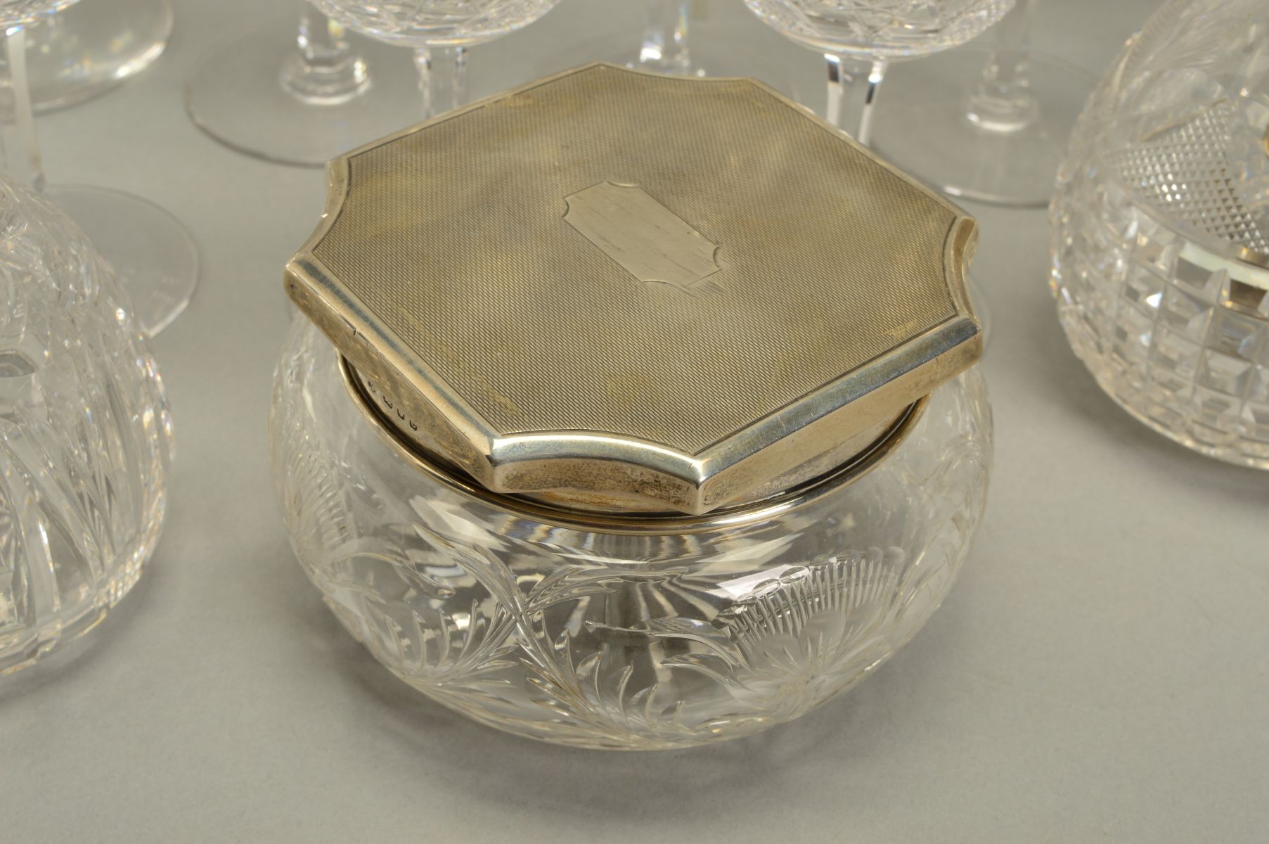 JOHN WALSH WALSH, an early 20th Century part table suite comprising a low shouldered decanter with - Image 5 of 8