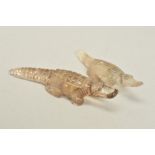 TWO CARVED CROCODILE ORNAMENTS, rutile quartz and dendritic measuring approximately 8cm long