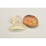 A SELECTION OF THREE WATER OPALS, oval cabochon with matrix base measuring approximately 15.00mm x