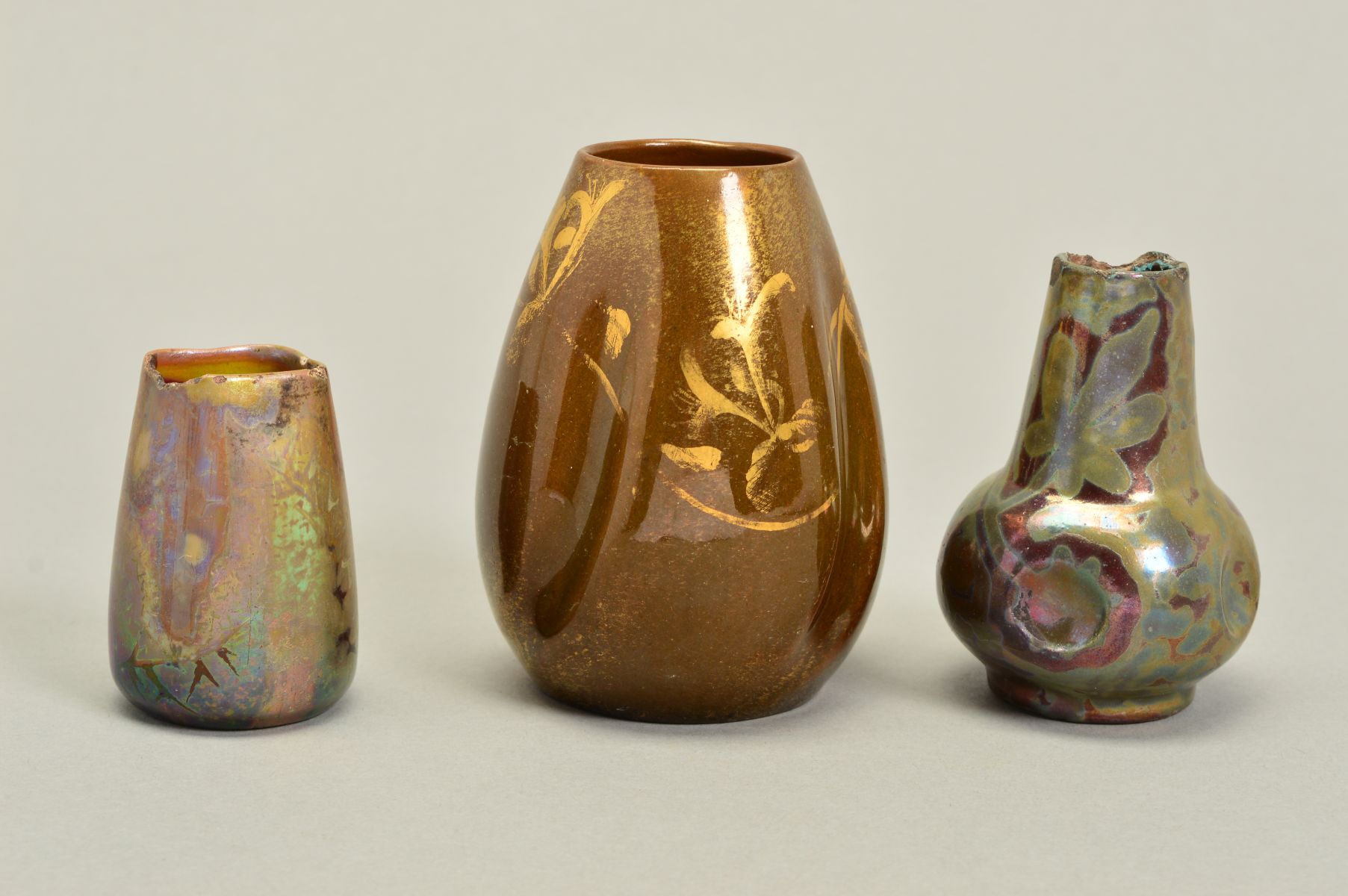 CLEMENT MASSIER, three pieces of Studio Pottery, comprising a posy vase of wrythen form with gilt - Image 3 of 5