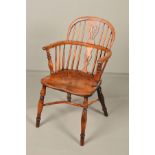 A 19TH CENTURY YEW WOOD AND ELM WINDSOR CHAIR, the hoop back with pierced vase shaped splat