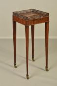 A 19TH CENTURY MAHOGANY KETTLE STAND IN GEORGE III STYLE, the square top with fret cut gallery (a.