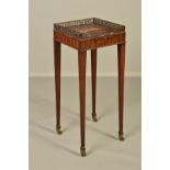 A 19TH CENTURY MAHOGANY KETTLE STAND IN GEORGE III STYLE, the square top with fret cut gallery (a.