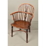 A 19TH CENTURY YEW WOOD AND ELM WINDSOR CHAIR, the hoop back with pierced vase shaped splat