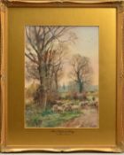 HENRY CHARLES FOX R.B.A. (BRITISH 1855-1929), 'Near Twyford Abbey', shepherd and sheep on a