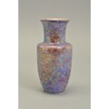 A RUSKIN POTTERY VASE, decorated with a mottled, iridescent lavender glaze, shape No.304 but on a