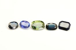 FIVE SAPPHIRES, various shapes, one green cushion mix cut, approximately 10.4mm x 8.1mm,