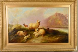 M. JOYNER (BRITISH FL.1837-1868), sheep, lambs and a goat in a Highland landscape, loch in the