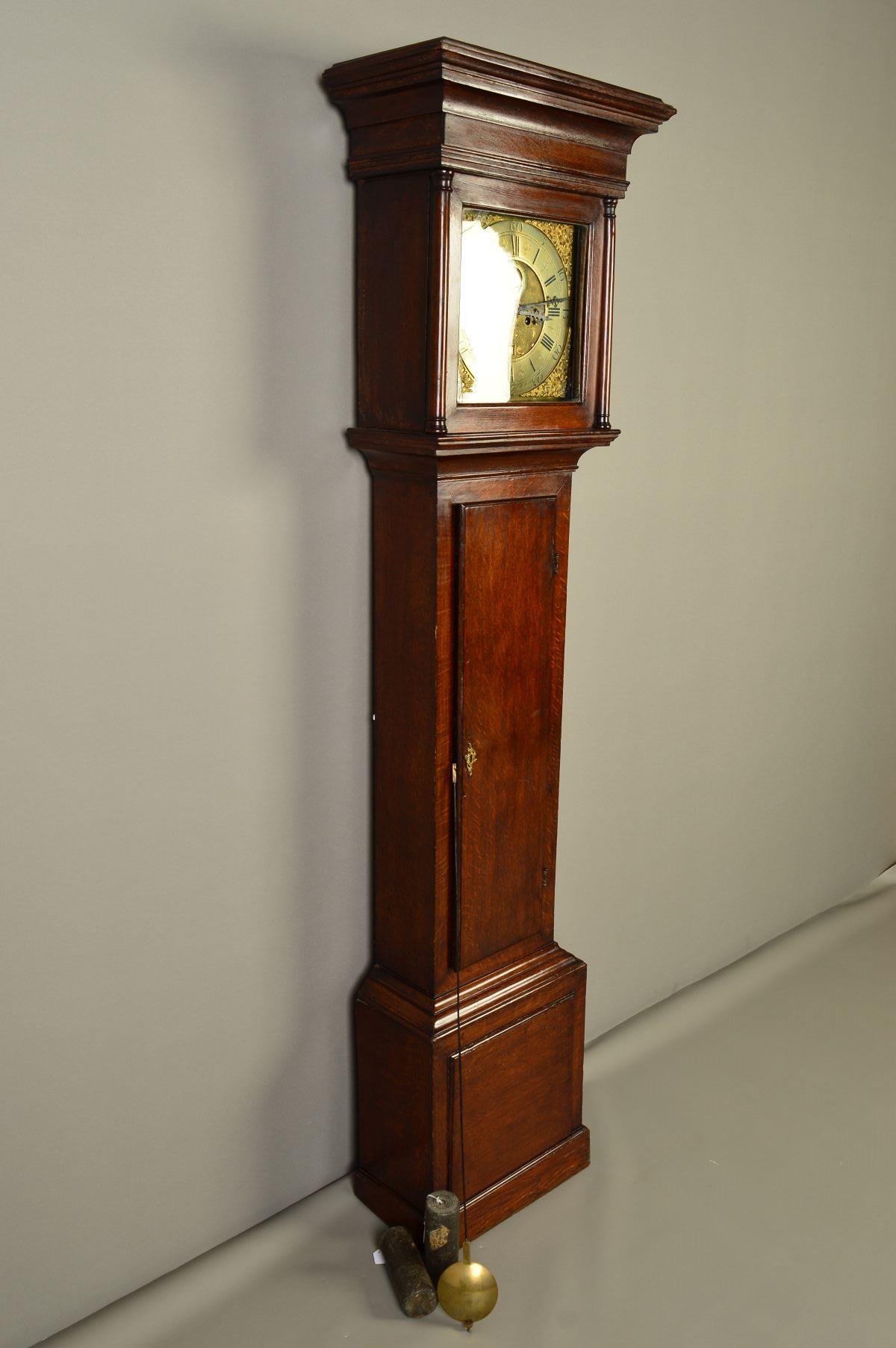 A GEORGE III OAK LONGCASE CLOCK, moulded pediment above the hood door flanked by half doric columns, - Image 6 of 8