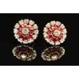 A MID TO LATE 20TH CENTURY PAIR OF RUBY AND DIAMOND ROUND CLUSTER EARRINGS, measuring
