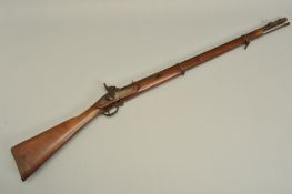AN ANTIQUE MODEL P 53 SMOOTH BORE PERCUSSION MUSKET, the lock is stamped with a Crown and Tower, the