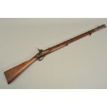 AN ANTIQUE MODEL P 53 SMOOTH BORE PERCUSSION MUSKET, the lock is stamped with a Crown and Tower, the