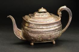 A GEORGE III SILVER TEAPOT, of rounded rectangular form, later foliate repousse decoration, on