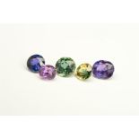 A SELECTION OF FIVE SAPPHIRES, with mix cut, colours include purple, pink, yellow and green, ranging