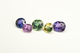 A SELECTION OF FIVE SAPPHIRES, with mix cut, colours include purple, pink, yellow and green, ranging