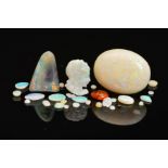 A COLLECTION OF OPALS, to include precious white cameo, piece of boulder opal, one small cabochon of