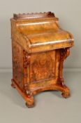 A VICTORIAN BURR WALNUT PIANO DAVENPORT, fret work gallery above the hidden stationery compartment