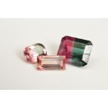 A SELECTION OF BI-COLOUR TOURMALINE, showing pink and green colours, an emerald mix cut measuring