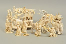 A COLLECTION OF JAPANESE MEIJI PERIOD AND INDIAN IVORY CARVINGS, including a figure group of a man