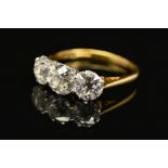 AN 18CT GOLD THREE STONE OLD CUT DIAMOND RING, diamonds measuring between 6.4mm to 6.2mm in