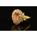 A LATE 20TH CENTURY PINKISH/BROWN TOPAZ AND DIAMOND PEAR SHAPE CLUSTER RING, topaz measuring