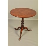 A GEORGE III MAHOGANY TRIPOD TABLE, of circular form, on a baluster and spiral twist pedestal on