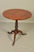 A GEORGE III MAHOGANY TRIPOD TABLE, of circular form, on a baluster and spiral twist pedestal on