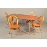 AN ERCOL 1960'S ELM TOPPED REFECTORY TABLE, on four square splayed tapering beech legs, width