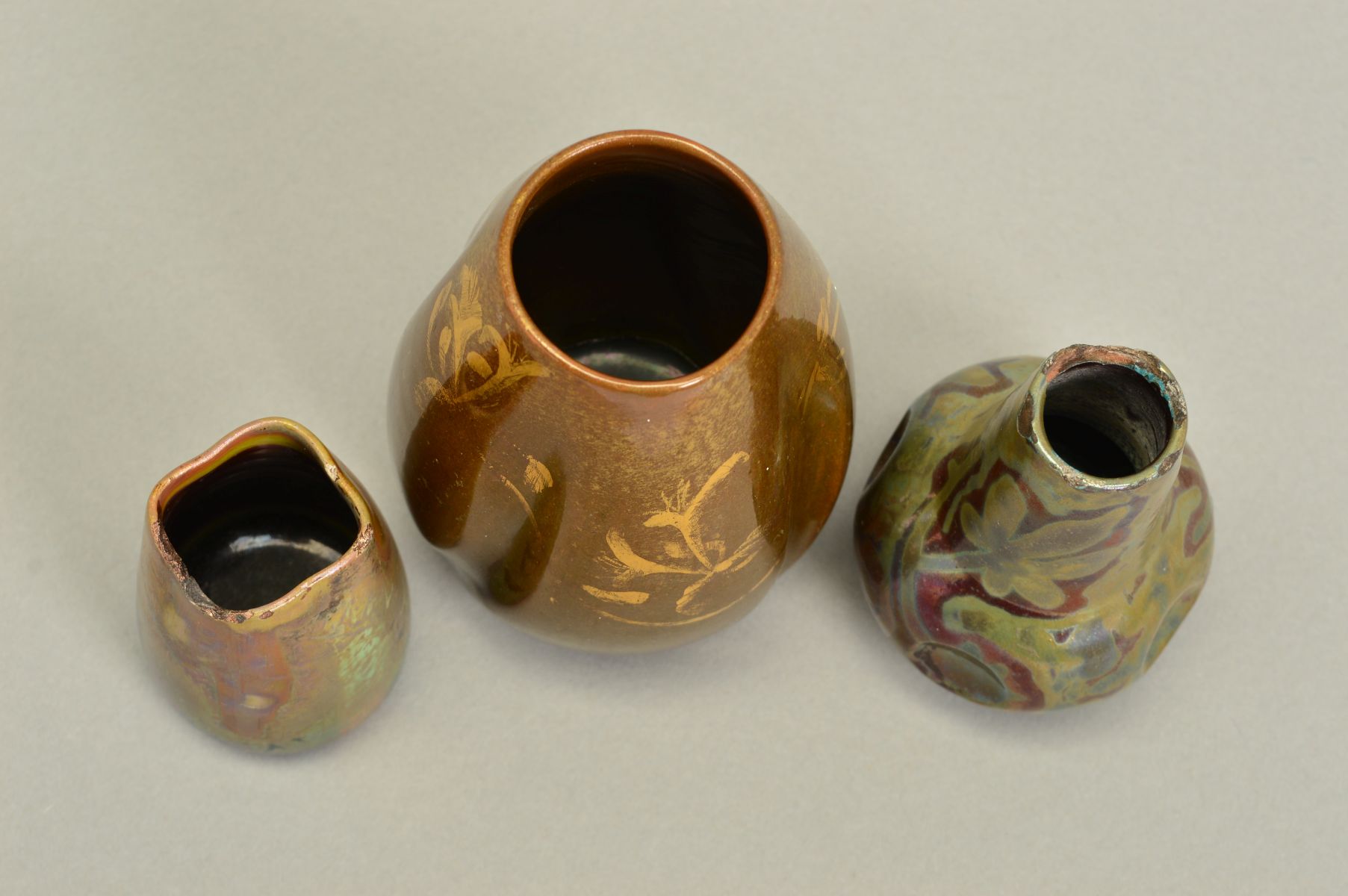 CLEMENT MASSIER, three pieces of Studio Pottery, comprising a posy vase of wrythen form with gilt - Image 4 of 5