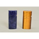 TWO CARVED STONE FLIP CIGARETTE LIGHTERS, one quartz tiger eye and one sodalite, measuring