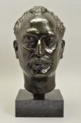 A FIRST HALF 20TH CENTURY GERMAN HOLLOW BRONZE BUST OF A GENTLEMAN, cast with receeding hairline and