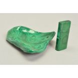 A CARVED MALACHITE FLIP CIGARETTE LIGHTER AND ASHTRAY, lighter measuring approximately 6cm x 3cm,