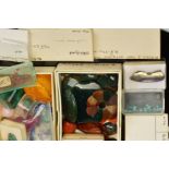 A BOX OF MIXED GEMS, to include a selection of agate panels, a large faceted rutile quartz, a jade