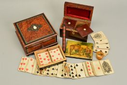 A VICTORIAN PLAYING CARD BOX, the pull off cover printed with a rural scene of a boy wearing a kilt,