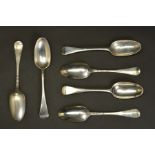 A SET OF SIX GEORGE II SILVER BOTTOM MARKED OLD ENGLISH PATTERN TABLESPOONS, maker Philip Roker