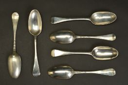 A SET OF SIX GEORGE II SILVER BOTTOM MARKED OLD ENGLISH PATTERN TABLESPOONS, maker Philip Roker
