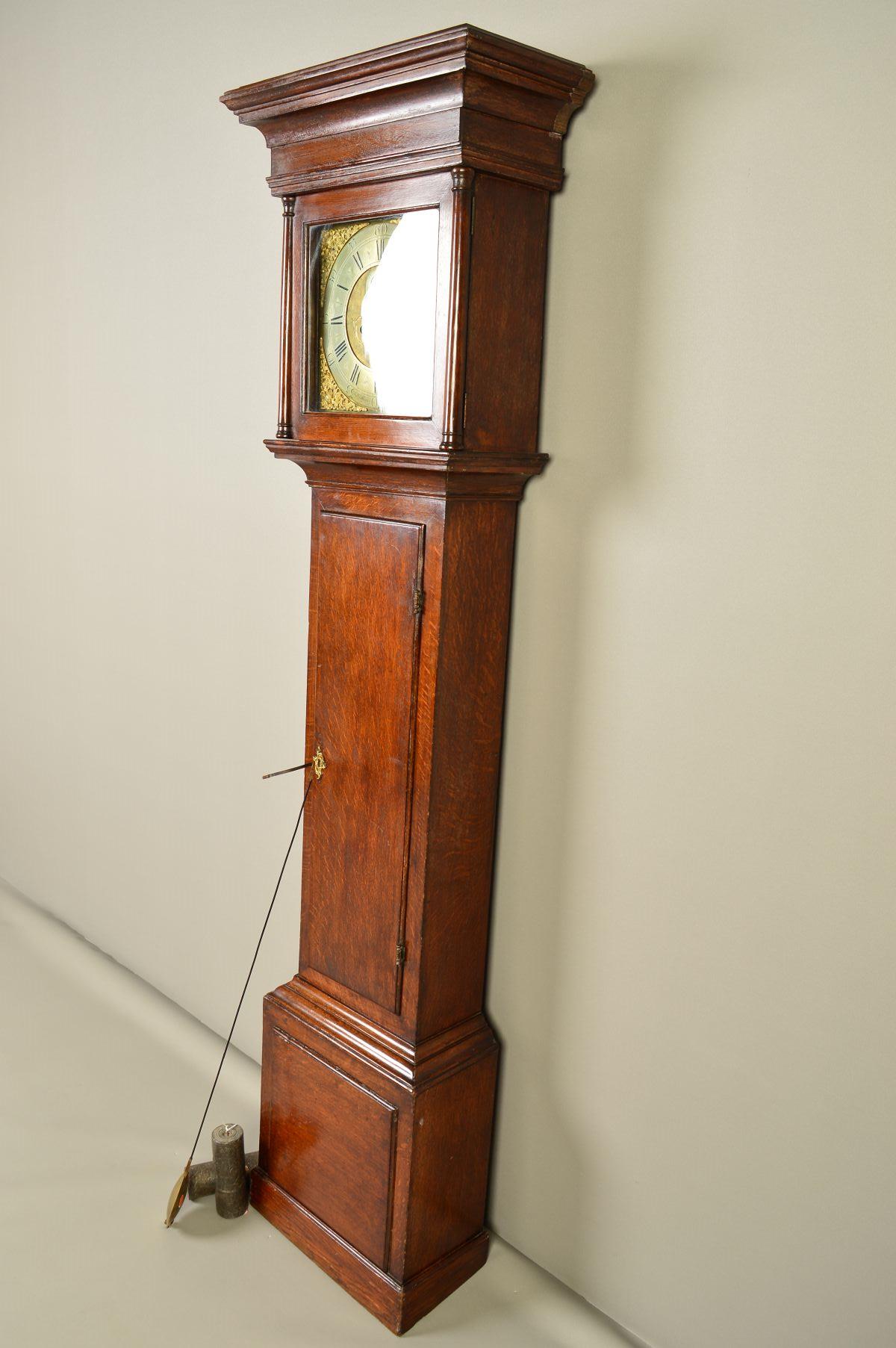 A GEORGE III OAK LONGCASE CLOCK, moulded pediment above the hood door flanked by half doric columns, - Image 5 of 8